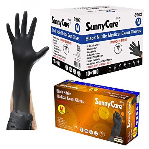 5.0 Mil SunnyCare #8902 Black Nitrile Medical Exam Gloves Powder Free Size: Medium 1000pcs/case ;100pcs/box;10boxes/case