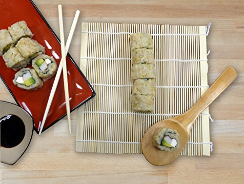 IMUSA USA 3pc Bamboo Complete Sushi Set (Rolling Mat, Chopsticks & Paddle) Kitchen Utensils, Multisizes, Brown