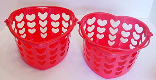 Set of 2 Red Heart Shaped Plastic Baskets with Handles 7" L X 8" W X 4 3/4" T