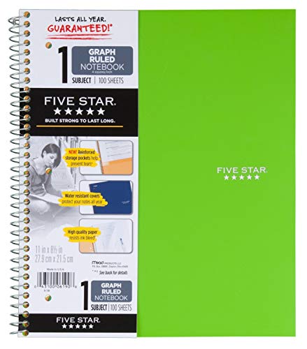 Five Star 06190 11" X 8-1/2" Graph Ruled 1 Subject Notebook Assorted Colors (Pack of 2)