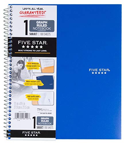 Five Star 06190 11" X 8-1/2" Graph Ruled 1 Subject Notebook Assorted Colors (Pack of 2)