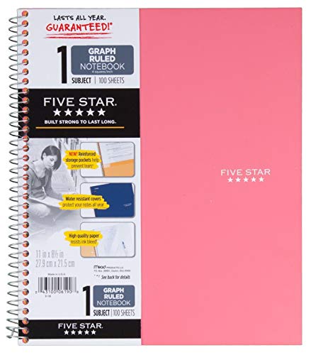 Five Star 06190 11" X 8-1/2" Graph Ruled 1 Subject Notebook Assorted Colors (Pack of 2)