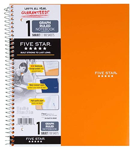 Five Star 06190 11" X 8-1/2" Graph Ruled 1 Subject Notebook Assorted Colors (Pack of 2)