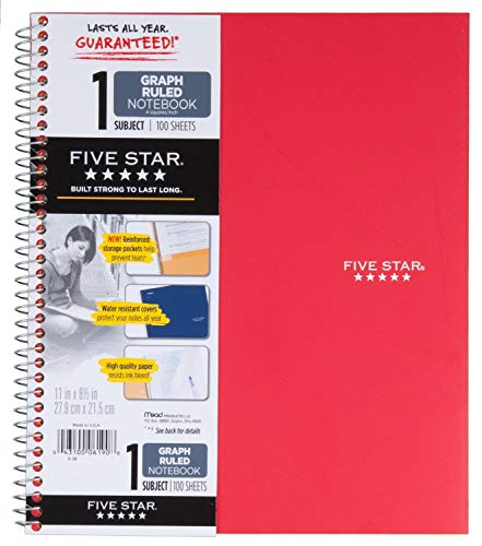 Five Star 06190 11" X 8-1/2" Graph Ruled 1 Subject Notebook Assorted Colors (Pack of 2)