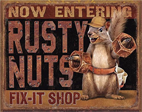 Desperate Enterprises Rusty Nuts Fix It Shop Tin Sign - Nostalgic Vintage Metal Wall Decor - Made in USA