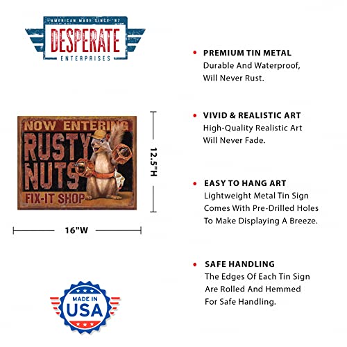 Desperate Enterprises Rusty Nuts Fix It Shop Tin Sign - Nostalgic Vintage Metal Wall Decor - Made in USA