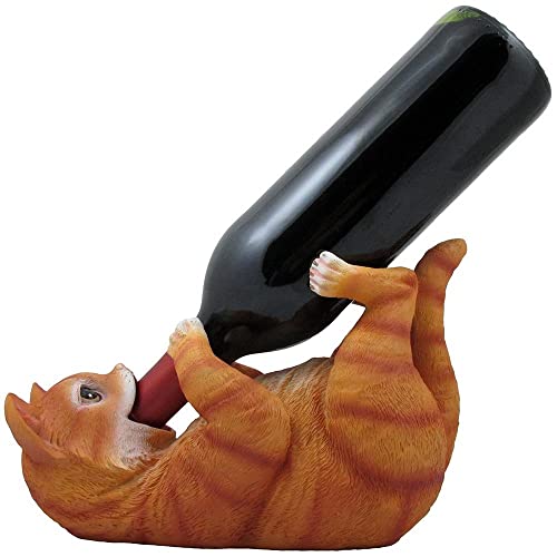 Decorative Tabby Kitty Cat Wine Bottle Holder Sculpture for Whimsical Tabletop Wine Racks and Stands or Animal Statues & Kitten Figurines As Birthday Gifts for Cat Lovers by Home-n-Gifts