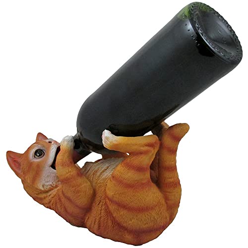 Decorative Tabby Kitty Cat Wine Bottle Holder Sculpture for Whimsical Tabletop Wine Racks and Stands or Animal Statues & Kitten Figurines As Birthday Gifts for Cat Lovers by Home-n-Gifts