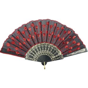 innolife elegant colorful embroidered flower peacock pattern sequin fabric folding handheld hand fan hand-crafted (red)