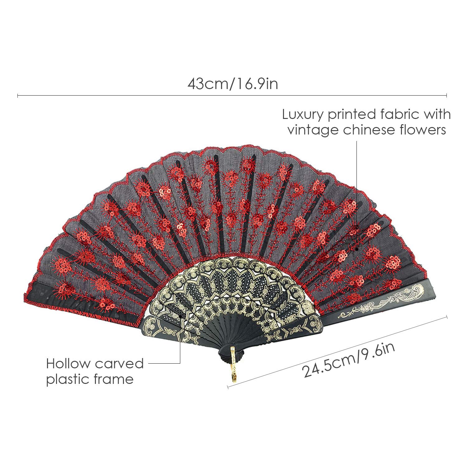 Innolife Elegant Colorful Embroidered Flower Peacock Pattern Sequin Fabric Folding Handheld Hand Fan Hand-Crafted (Red)