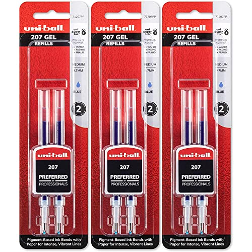 Uni-Ball Signo 207 Gel Pen Refills, 0.7mm, Medium Point, Blue Ink, Pack of 6