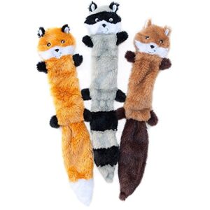 zippypaws skinny peltz - fox, raccoon, & squirrel - no stuffing squeaky dog toys, unstuffed chew toy for small & medium breeds, bulk multi-pack of 3 soft plush toys, flat no stuffing puppy toys - 18"