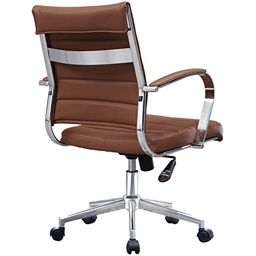 2xhome Brown Modern Mid Century Modern Contemporary Mid Back Ribbed PU Leather Swivel Tilt Adjustable Chair Executive Manager Office Conference Room Work Task Computer Ribbed Desk Chrome Wheels Arms