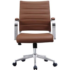 2xhome Brown Modern Mid Century Modern Contemporary Mid Back Ribbed PU Leather Swivel Tilt Adjustable Chair Executive Manager Office Conference Room Work Task Computer Ribbed Desk Chrome Wheels Arms
