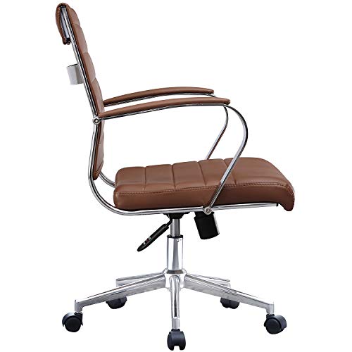 2xhome Brown Modern Mid Century Modern Contemporary Mid Back Ribbed PU Leather Swivel Tilt Adjustable Chair Executive Manager Office Conference Room Work Task Computer Ribbed Desk Chrome Wheels Arms