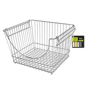 smart design stacking baskets with handles - set of 2 large - steel metal wire - fruit produce and vegetable safe storage bin organizer - pantry counter stand rack - 12.5 x 8.5 inch - chrome