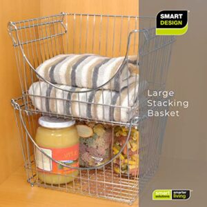 Smart Design Stacking Baskets with Handles - Set of 2 Large - Steel Metal Wire - Fruit Produce and Vegetable Safe Storage Bin Organizer - Pantry Counter Stand Rack - 12.5 x 8.5 Inch - Chrome