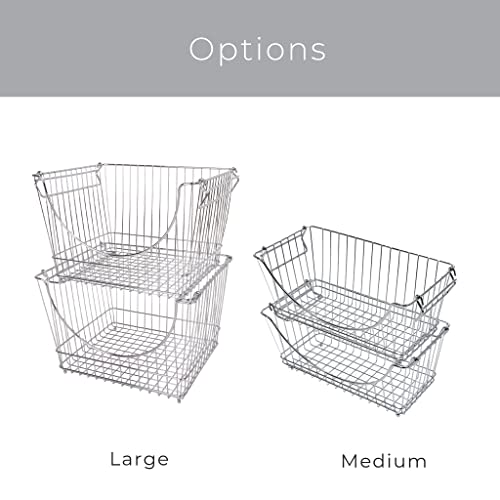 Smart Design Stacking Baskets with Handles - Set of 2 Large - Steel Metal Wire - Fruit Produce and Vegetable Safe Storage Bin Organizer - Pantry Counter Stand Rack - 12.5 x 8.5 Inch - Chrome