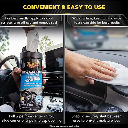 Meguiar's New Car Scent Protectant Wipes - Easy to Use Car Wipes that Protect and Freshen Your Car's Interior - Ideal for Car Detailing & Maintenance - 30 Ct