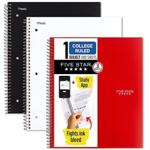 five star spiral notebooks + study app, 3 pack, 1 subject, college ruled paper, pockets, 100 sheets, home school supplies for college student or k-12, 11” x 8-1/2", black, white & red (73055)
