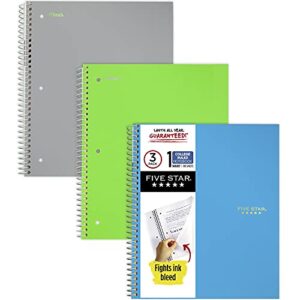 five star spiral notebooks, 1 subject, college ruled paper, 100 sheets, 11" x 8-1/2", teal, lime, gray, 3 pack (73053)