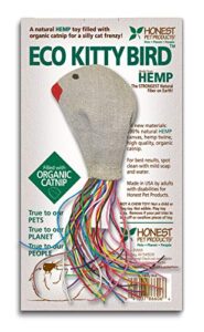 honest pet products eco kitty bird is a truly natural and safe toy for your kitty. filled with organic catnip, enticing rattle and colorful hemp twine tail. made in the usa and money back guaranteed