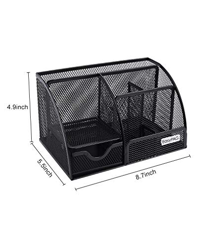 EasyPAG Desk Organizer Mesh Desktop Office Supplies Multi-functional Caddy Pen Holder Stationery with 6 Compartments and 1 Drawer for Office, Home, School, Classroom, Black