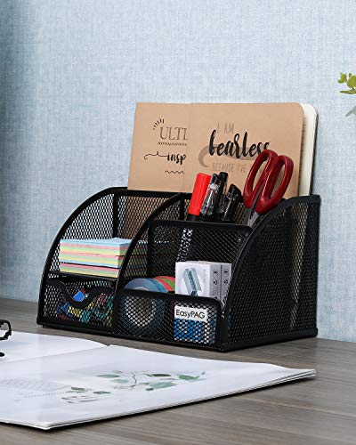 EasyPAG Desk Organizer Mesh Desktop Office Supplies Multi-functional Caddy Pen Holder Stationery with 6 Compartments and 1 Drawer for Office, Home, School, Classroom, Black