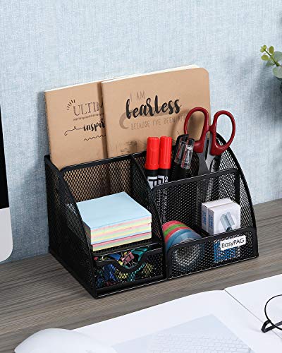 EasyPAG Desk Organizer Mesh Desktop Office Supplies Multi-functional Caddy Pen Holder Stationery with 6 Compartments and 1 Drawer for Office, Home, School, Classroom, Black