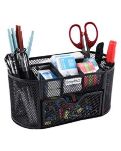 easypag desk organizer mesh desktop office supplies multi-functional caddy pen holder stationery with 8 compartments and 1 drawer,black