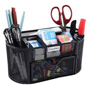 EasyPAG Desk Organizer Mesh Desktop Office Supplies Multi-functional Caddy Pen Holder Stationery with 8 Compartments and 1 Drawer,Black