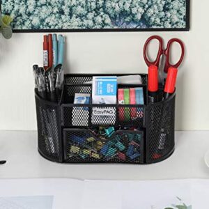 EasyPAG Desk Organizer Mesh Desktop Office Supplies Multi-functional Caddy Pen Holder Stationery with 8 Compartments and 1 Drawer,Black