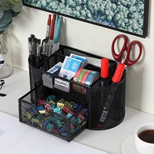 EasyPAG Desk Organizer Mesh Desktop Office Supplies Multi-functional Caddy Pen Holder Stationery with 8 Compartments and 1 Drawer,Black