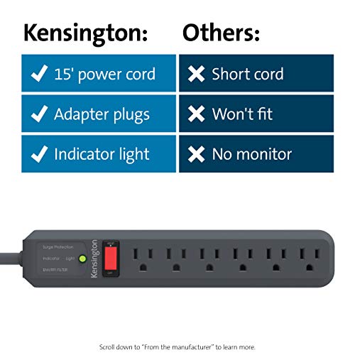Kensington Guardian 6 Outlet, 15-Foot Cord, & 540 Joules Premium Surge Protector (K38215NA), Black