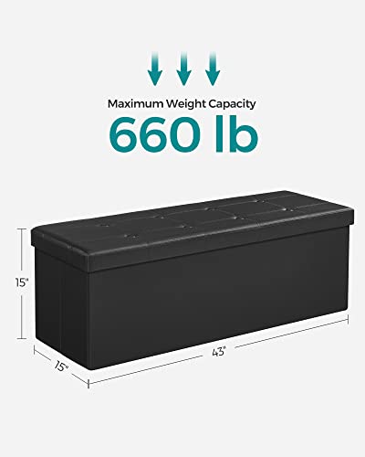 SONGMICS 43 Inches Folding Storage Ottoman Bench, Storage Chest, Footrest, Coffee Table, Padded Seat, Faux Leather, Holds up to 660 lb, Black ULSF701