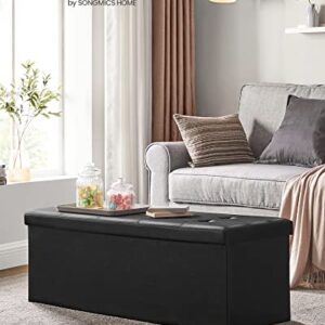 SONGMICS 43 Inches Folding Storage Ottoman Bench, Storage Chest, Footrest, Coffee Table, Padded Seat, Faux Leather, Holds up to 660 lb, Black ULSF701