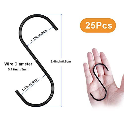 SumDirect Round S Shaped Hooks - 25 Pack Small S Hanging Hooks for Kitchen, Work Shop, Bathroom and Office (3.4 Inch, Black)