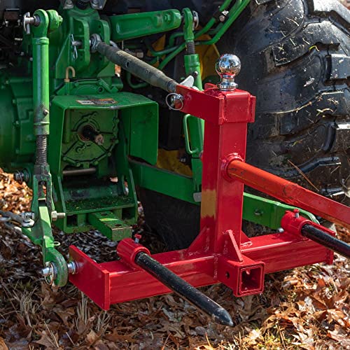 Titan Attachments 3 Point Gooseneck Tractor Trailer Hitch Optional Hay Bale Spear and Stabilizer Spears, Fits Category 1 Tractors, Red Finish, 2" Receiver Hitch, 2" Gooseneck Ball