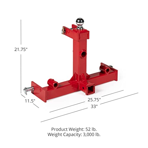 Titan Attachments 3 Point Gooseneck Tractor Trailer Hitch Optional Hay Bale Spear and Stabilizer Spears, Fits Category 1 Tractors, Red Finish, 2" Receiver Hitch, 2" Gooseneck Ball