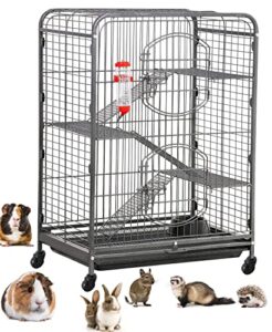 37-inch metal ferret chinchilla small animals hutch rolling cage guinea pig/kitten/rabbit pet with 2 front doors for indoor outdoor (black vein, metal platform and ladder)