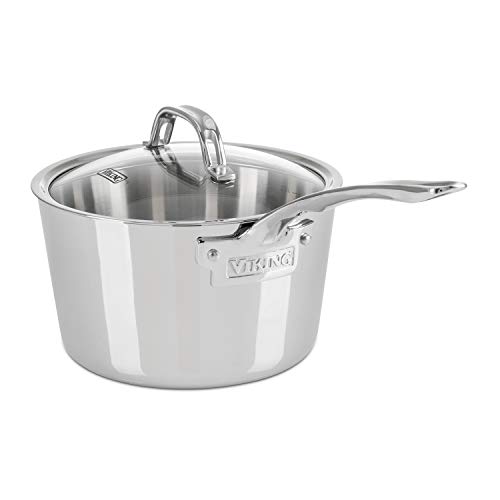 Viking Culinary Contemporary 3-Ply Stainless Steel Saucepan, 3.4 Quart, Includes Glass Lid, Dishwasher, Oven Safe, Works on All Cooktops including Induction