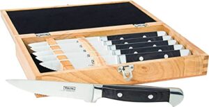 viking culinary german stainless steel pakkawood steak knife set, 6 piece, includes wooden gift box, handwash only, water & stain resistant handles, black