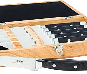 Viking Culinary German Stainless Steel Pakkawood Steak Knife Set, 6 Piece, Includes Wooden Gift Box, Handwash Only, Water & Stain Resistant Handles, Black