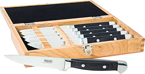 Viking Culinary German Stainless Steel Pakkawood Steak Knife Set, 6 Piece, Includes Wooden Gift Box, Handwash Only, Water & Stain Resistant Handles, Black