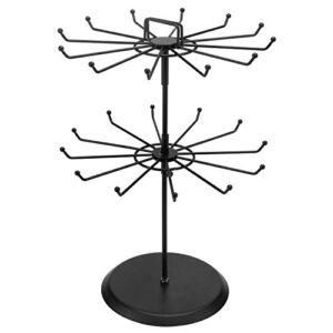 mygift 2 tier black metal rotating necklace and bracelet organizer jewelry stand with 24 hooks, multipurpose accessory and keychain spinning display rack with top handle card holder