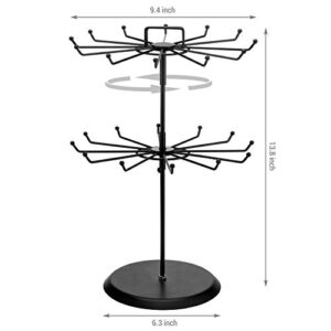 MyGift 2 Tier Black Metal Rotating Necklace and Bracelet Organizer Jewelry Stand with 24 Hooks, Multipurpose Accessory and Keychain Spinning Display Rack with Top Handle Card Holder