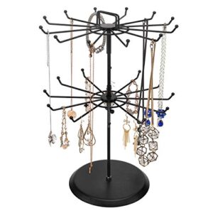 MyGift 2 Tier Black Metal Rotating Necklace and Bracelet Organizer Jewelry Stand with 24 Hooks, Multipurpose Accessory and Keychain Spinning Display Rack with Top Handle Card Holder