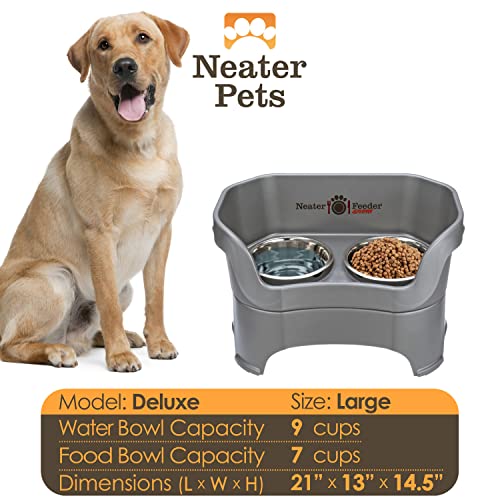 Neater Feeder Deluxe Large Dog (Gunmetal Grey) - The Mess Proof Elevated Bowls No Slip Non Tip Double Diner Stainless Steel Food Dish with Stand