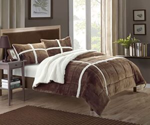 chic home 3 piece chloe sherpa lined plush micro suede comforter set, king, brown