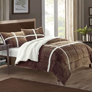 Chic Home 3 Piece Chloe Sherpa Lined Plush Micro Suede Comforter Set, King, Brown